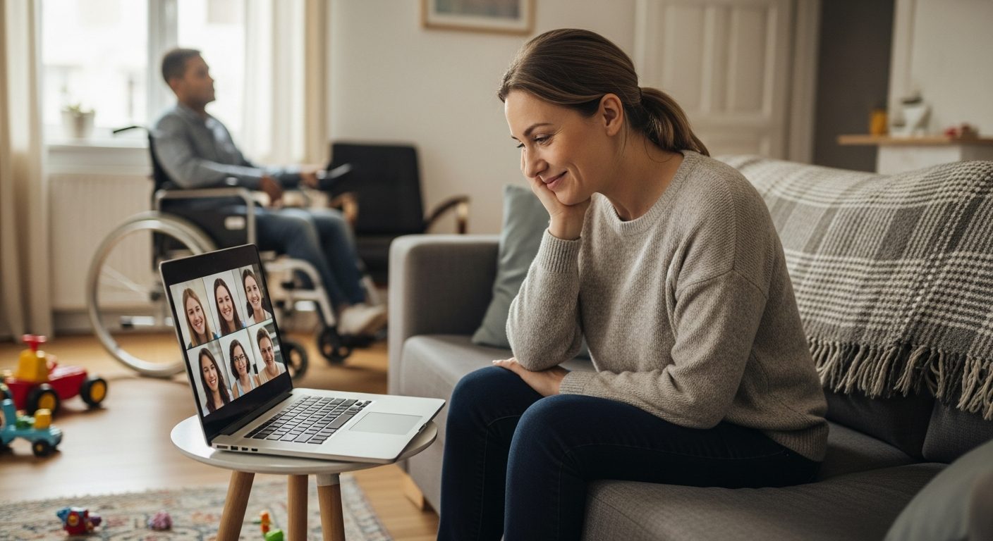 A parent carer support group meeting in a private Nexus video room