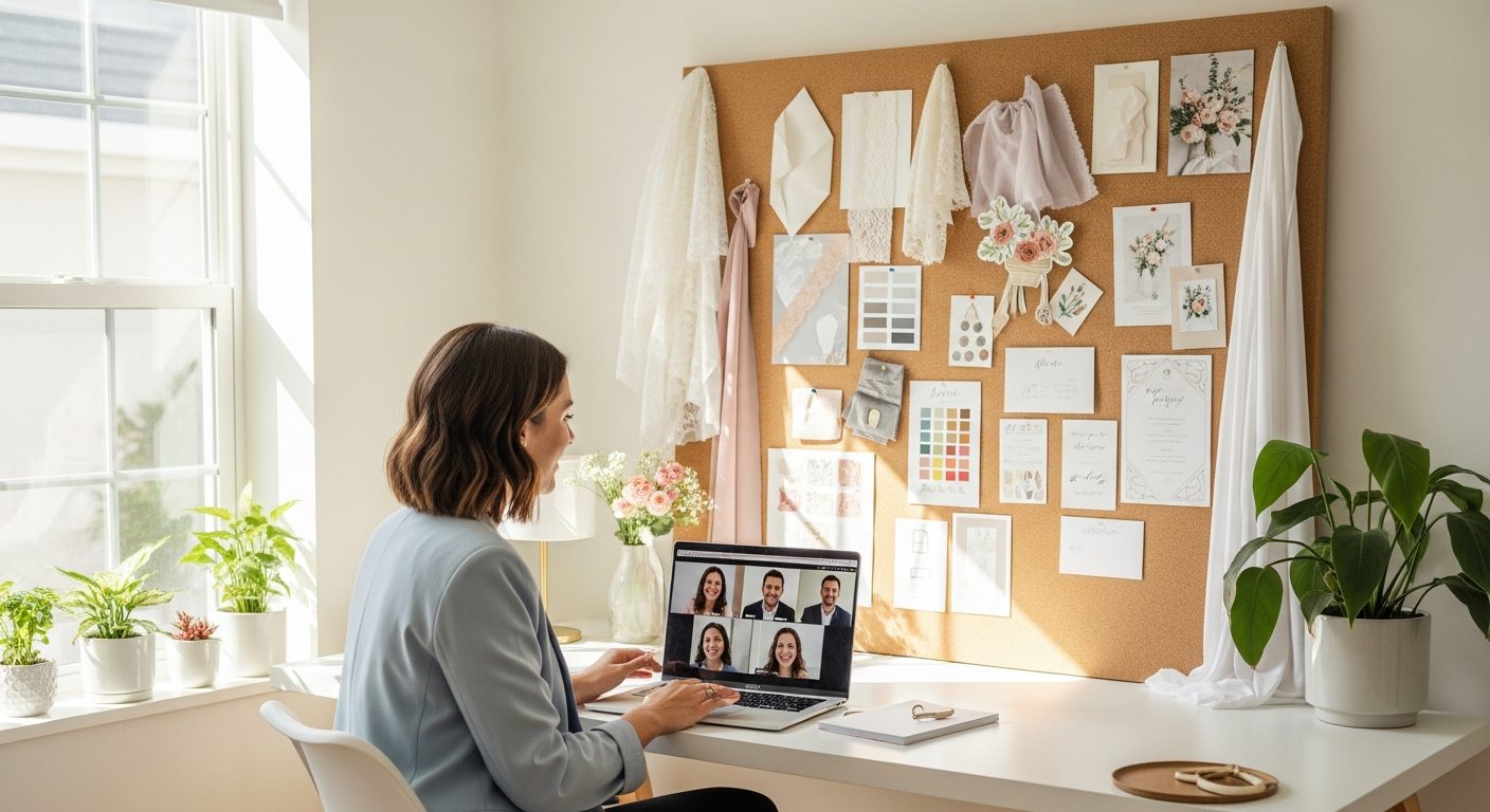 A wedding planner meeting with a couple in a Nexus video room